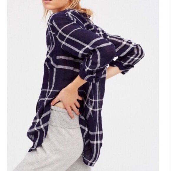 Rails x Free People Charli Linen Blend Plaid Shirt Navy Blue Size S - Picture 2 of 11